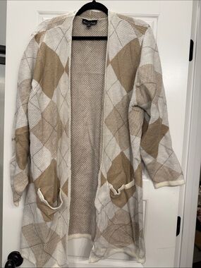 Dana Buchman Cream & Tan Open-Front Argyle Cardigan
